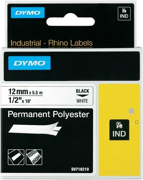 DYMO permanentní polyesterová páska RHINO D1 12 mm x 5,5 m, černá na bílé, S0718210