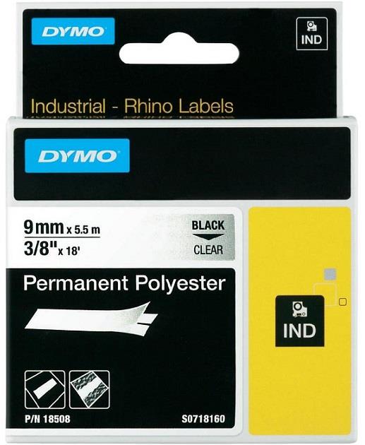 DYMO permanentní polyesterová páska RHINO D1 9 mm x 5,5 m, černá na průhledné, S0718160